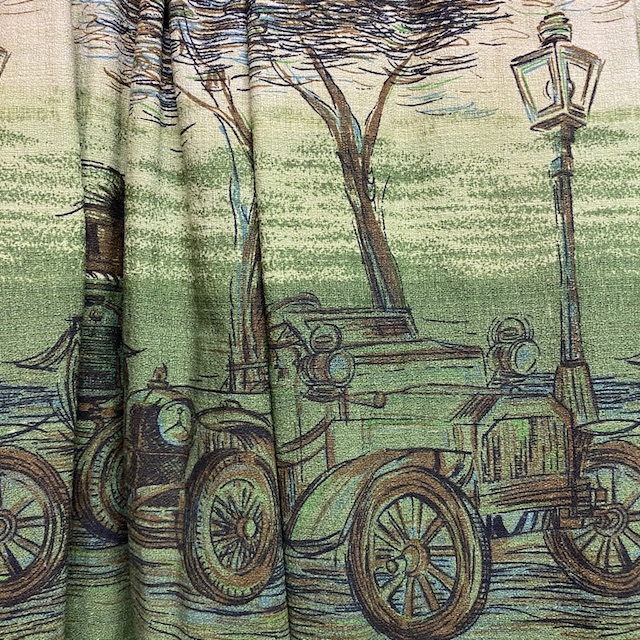 CURTAIN, Pair 1950s Green Vintage Car and Lamp Post
